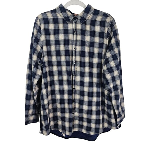 Soft Surroundings Plaid Button Up Shirt XL Velvet Embroidered Navy & Cream - Picture 2 of 11